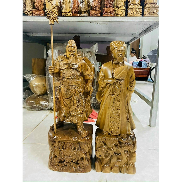 Cặp Tượng Văn Võ Song Toàn Gỗ Bách Xanh (20cm)