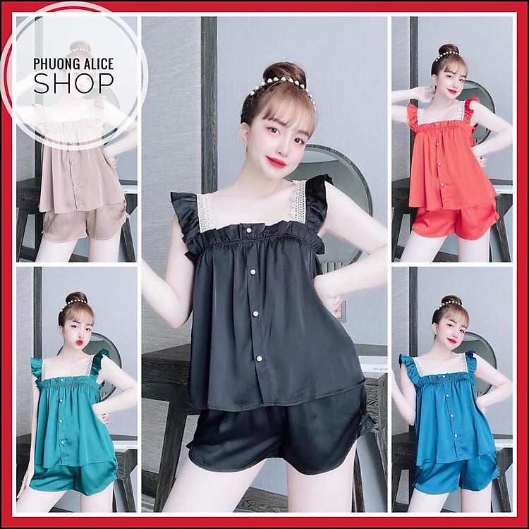Bộ ngủ đùi cánh tiên mùa hè, Đồ bộ mặc nhà chất satin mềm mát - Phuongaliceshop