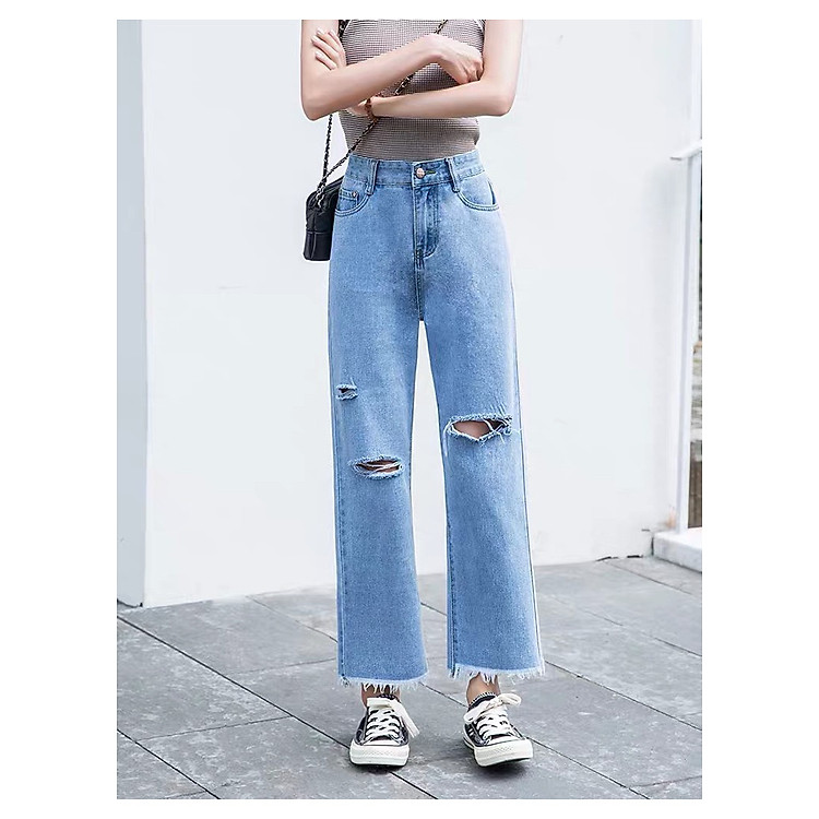 QUẦN BAGGY JEAN NỮ ỐNG LOE RÁCH 3, LƯNG CAO, VẢI MỀM KHÔNG CO DÃN, CÓ 2 MÀU XANH ĐẬM XANH NHẠT