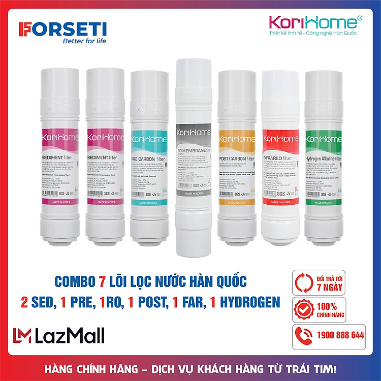 Combo 7 lõi lọc nước Korihome hàng chính hãng dùng cho máy lọc nước Korihome WPK-928, WPK-903, WPK-906, WPK-908,...