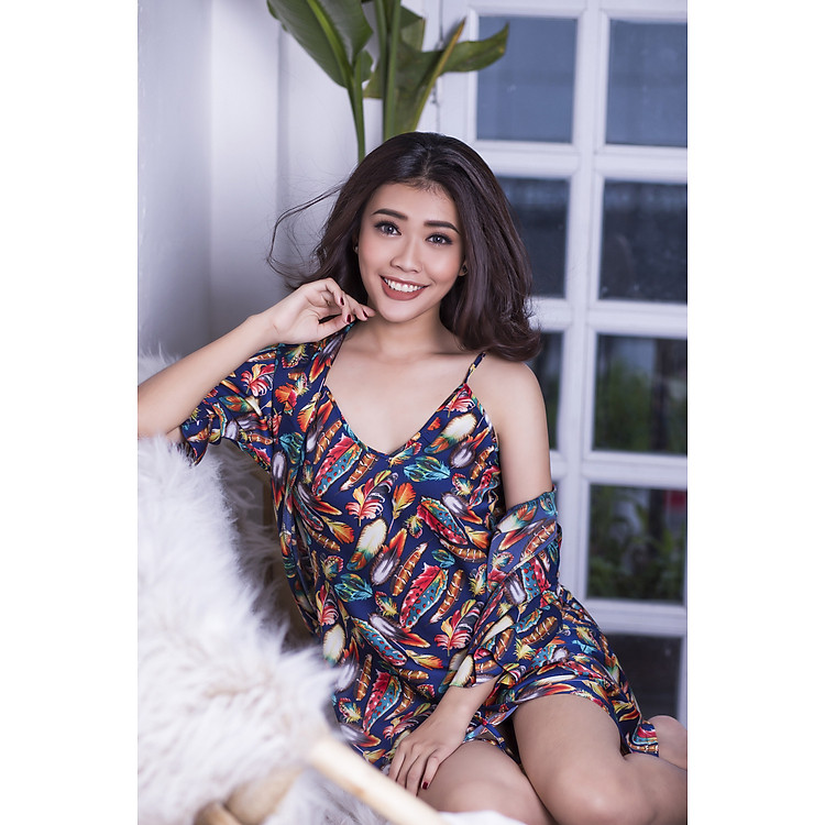 Đầm ngủ hai dây+áo khoác RBI satin họa tiết