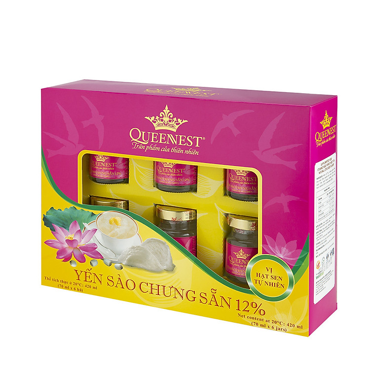 Yến sào chưng sẵn QUEENNEST 12% Hương Sen (Hộp 6 Hũ)