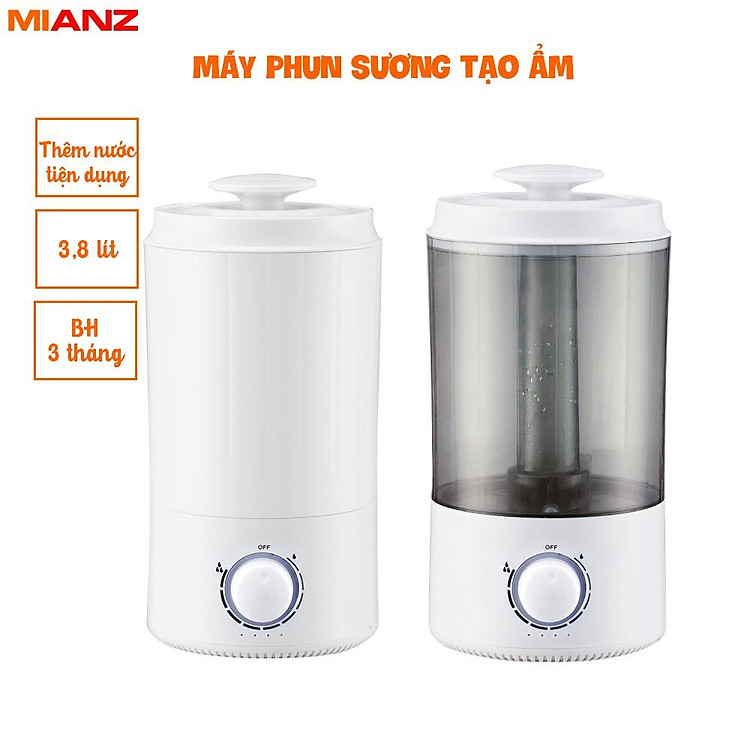 Máy phun sương tạo ẩm, Dung tích lớn 3.8L có núm vặn điều khiển chế độ phun sương, sử dụng tối đa lên đến 12h, thiết kế hiện đại, sang trọng