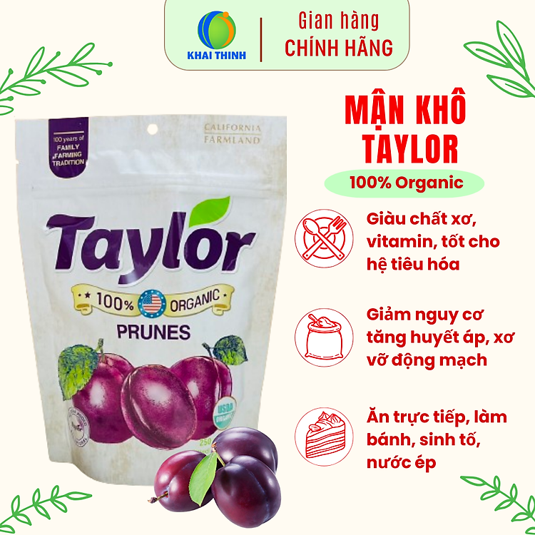 Mận Khô Taylor Hữu Cơ Organic Tự Nhiên Hữu Cơ Không Đường Giảm Táo Bón Cho Bé Ăn Vặt Bà Bầu 250g