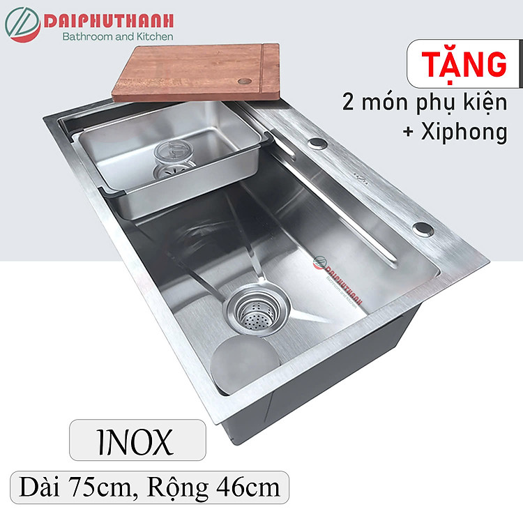 Chậu Rửa Chén Bát Inox 1 Hộc 75x46cm Nhiều Màu Inox Xước Xám Đen - Tặng 2 món phụ kiện thớt, khay, đầy đủ xi phông