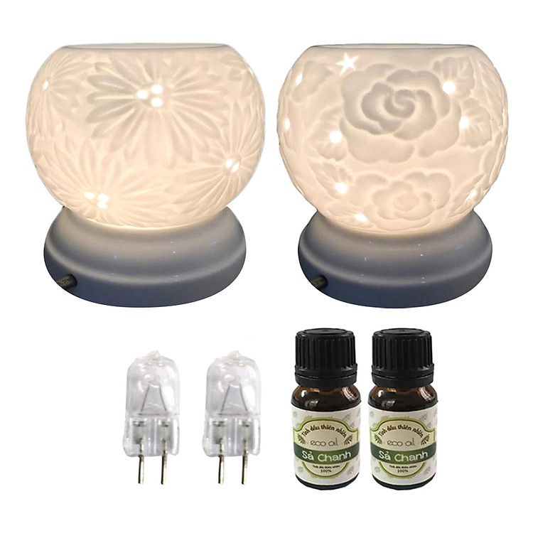 Combo 2 đèn xông tinh dầu (MNB21-MNB22) kèm 2 tinh dầu sả chanh Eco 10ml và 2 bóng đèn