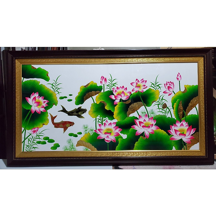 TRANH SƠN MÀI THẾP VÀNG BẠC - CÁ CHÉP HOA SEN - TRANH TREO PHONG THỦY