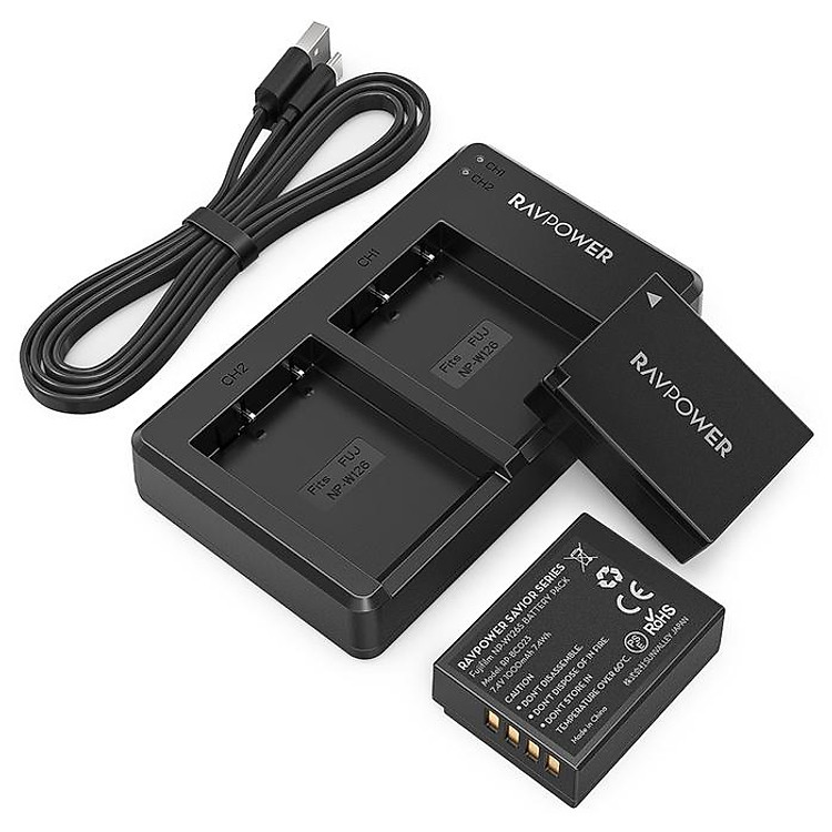 Bộ 2 Pin + Sạc Đôi RAVPower Fujifilm NP-W126S Cho Fujifilm X-T20, X-T10, X-T100, X100F, X-H1, X-T3, X-T2, X-T1, X-A5, X-A3, X-A1, X-E1, X-E2,... (Hàng Chính Hãng)