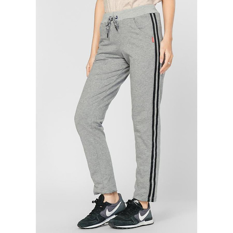 Quần thun dài nữ jogger hai sọc Phúc An màu xám