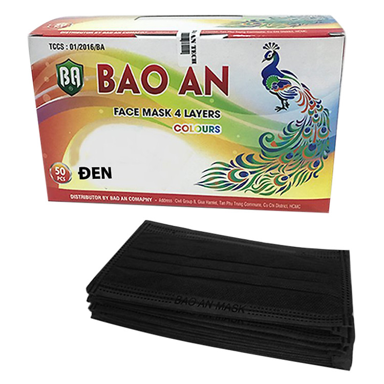 Khẩu Trang Y Tế Đen 4 Lớp Kháng Khuẩn Than Hoạt Tính Bảo An - 1 Hộp 50 Cái Màu Đen