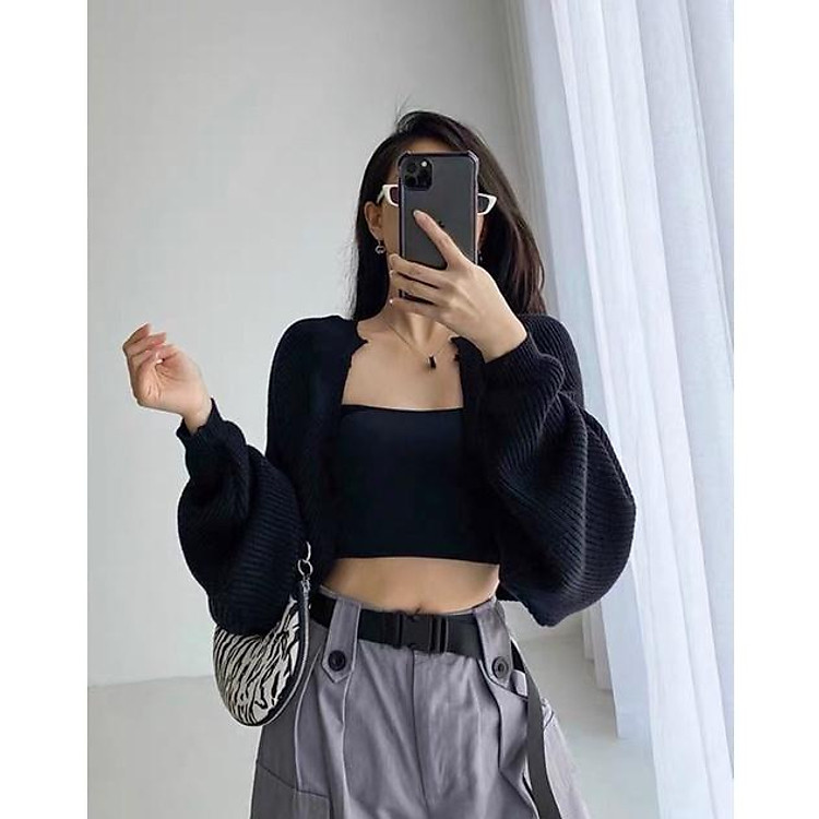 SET ÁO CARDIGAN CROPTOP TAY BO PHỒNG MIX ÁO HAI DÂY MÀU ĐEN SIÊU HOT