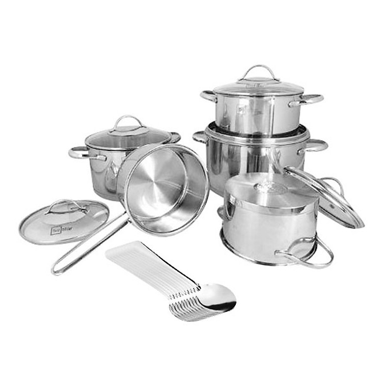 Bộ nồi quánh inox 304 FiveStar 3 đáy từ 5 món nắp kính , quai oval , Tặng 10 muỗng inox