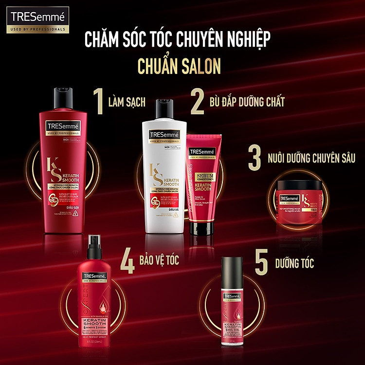 Combo Dầu gội, Dầu xả, Kem ủ & Serum TRESEMME Keratin Smooth Dưỡng tóc vào nếp suôn mượt với công thức Hydrolyzed Keratin 640g, 620g, 180ml, 97ml