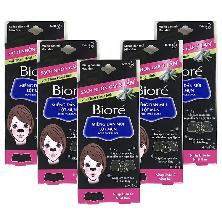 Combo 5 Hộp Miếng Dán Mũi Lột Mụn Than Hoạt Tính Biore Pore Pack Black dành cho nữ (1 hộp 4 miếng x 5)