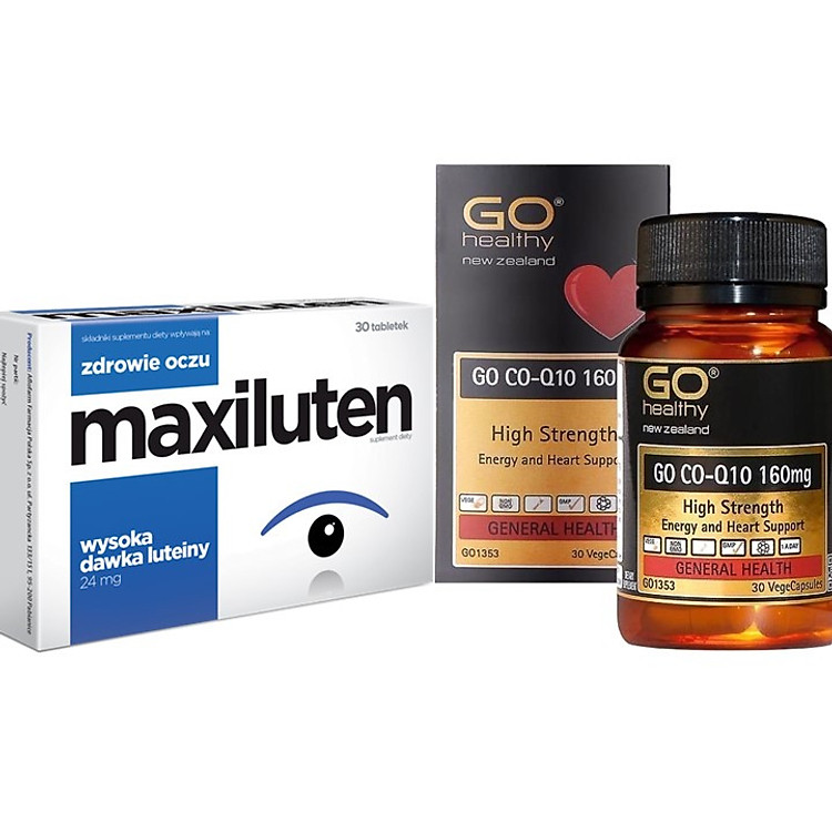 Bộ sản phẩm bổ mắt và bổ tim nhập khẩu chính hãng gồm: Viên uống bổ mắt MAXILUTEN (30 viên) và viên uống bổ tim GO CO Q10 160mg (30 viên)
