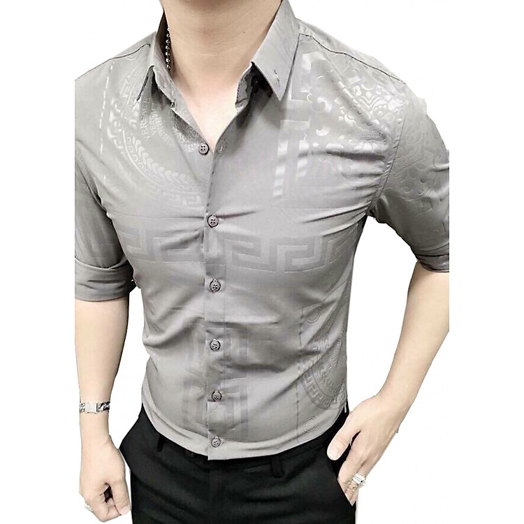 Áo Sơ Mi Nam Vải Lụa Xám Họa Tiết Chìm