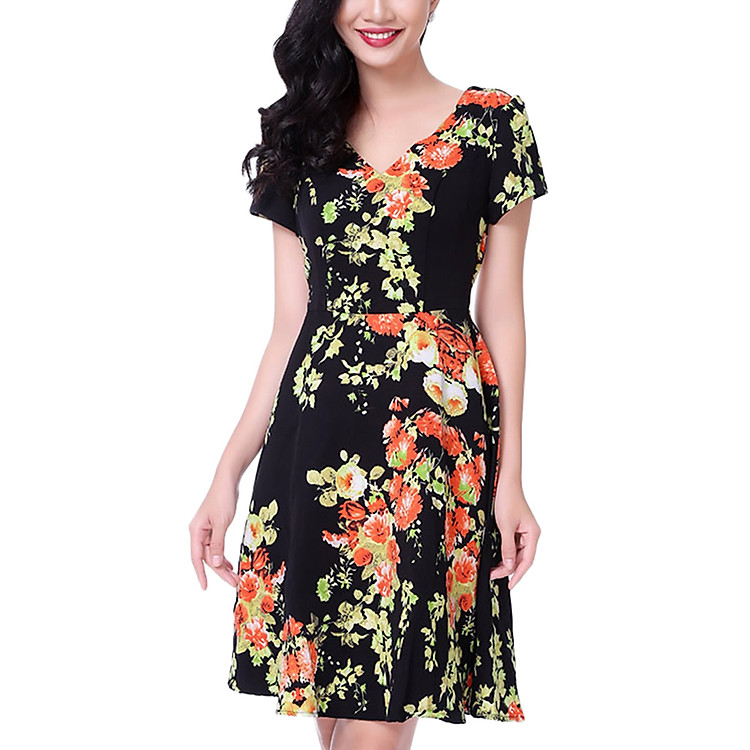 Đầm Hoa Cổ V Vintage An Thủy NT663 - Đen Hoa Cam