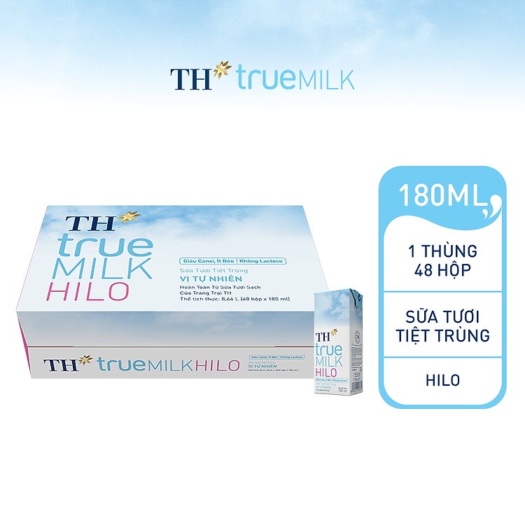 Thùng 48 hộp sữa tươi tiệt trùng TH true MILK HILO vị tự nhiên 180 ml (180 ml x 48)