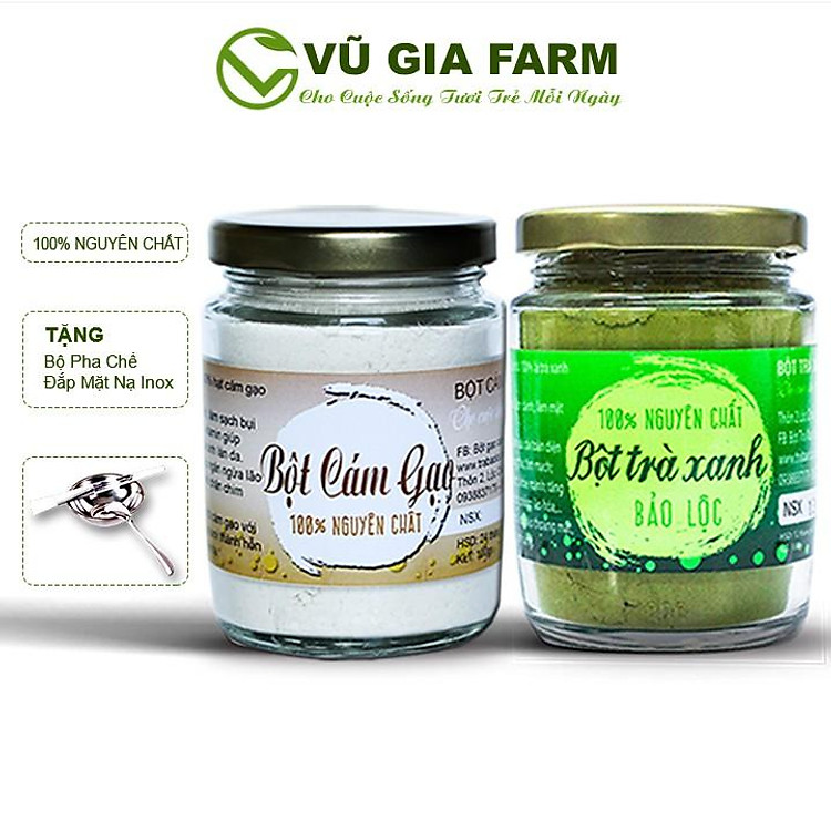 Bột Trà Xanh + Bột Cám Gạo Nguyên Chất Vũ Gia (100g/ hũ) + Tặng 5 mặt nạ giấy tiện lợi