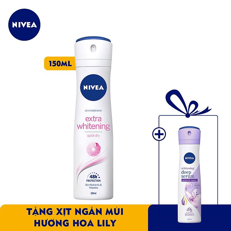 TẶNG XỊT NGĂN MÙI HƯƠNG HOA LILY - Xịt Khử Mùi Nữ Nivea Extra Whitening 150ml