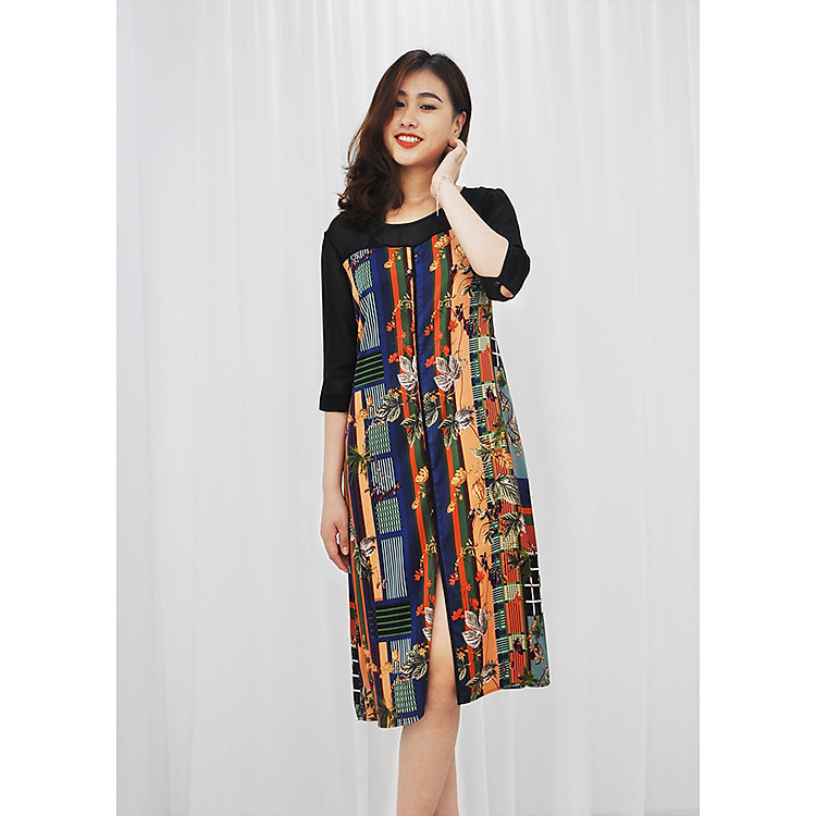 Đầm suông bigsize dạo phố kiểu đầm suông in họa tiết lá nhiều màu viền đen ROMI 3071