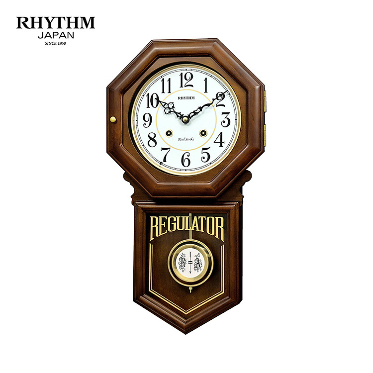 Đồng hồ treo tường Nhật Bản Rhythm CMJ586NR06 dùng pin, kích thước 24.0 x 54.0 x 11.7cm, vỏ gỗ, điểm giờ bằng gong.