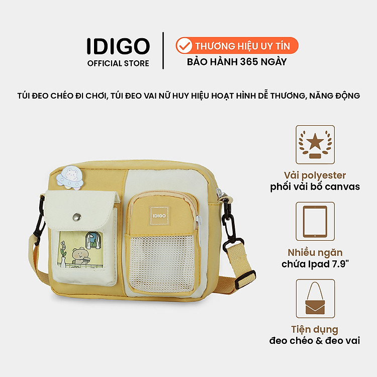 Túi đeo chéo nữ đi chơi, túi xách nữ đeo vai messenger kèm huy hiệu hoạt hình dễ thương IDIGO FF6 - 2017