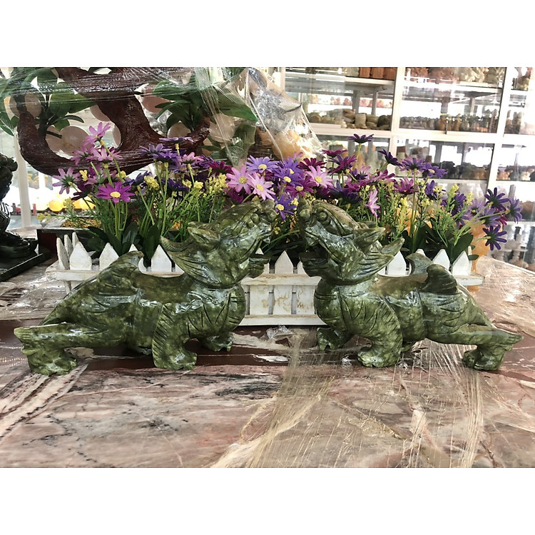 Cặp Tỳ Hưu phong thủy đá ngọc serpentine - Dài 20 cm