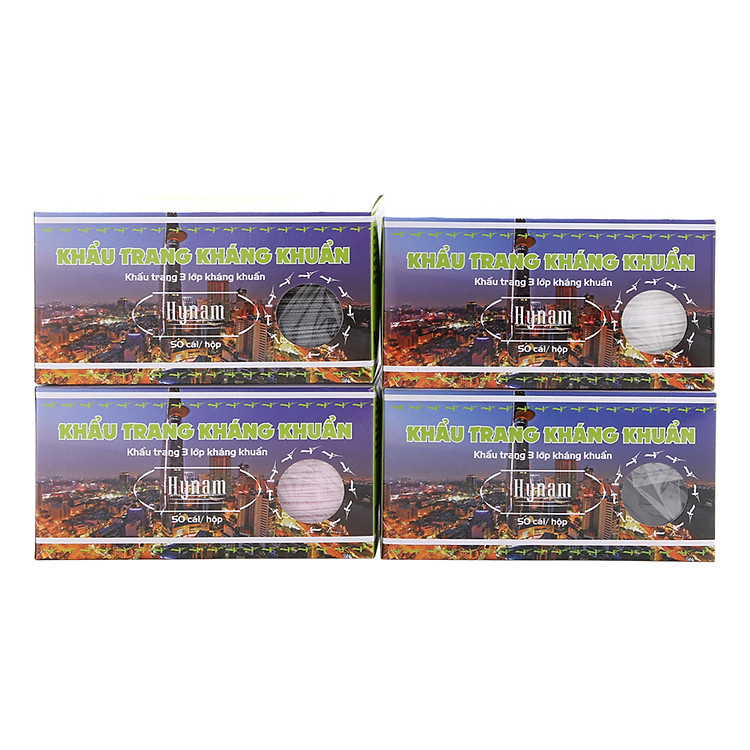 Combo 4 Hộp Khẩu Trang Kháng Khuẩn Hy Nam (Hộp 50 Tờ) - Hồng - Trắng - Xám - Đen