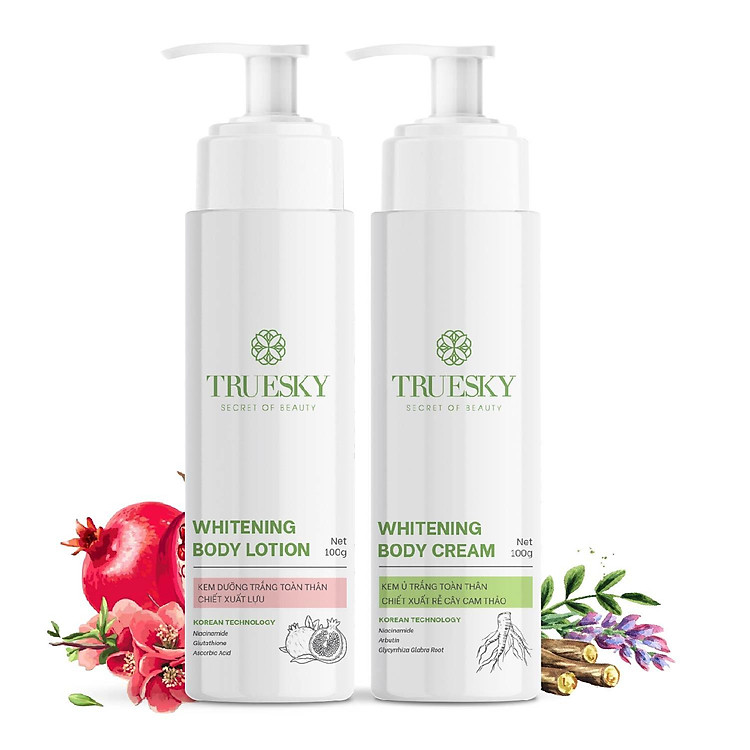 Bộ tắm trắng toàn thân Truesky gồm 1 kem ủ trắng toàn thân 100g và 1 kem dưỡng trắng toàn thân 100g