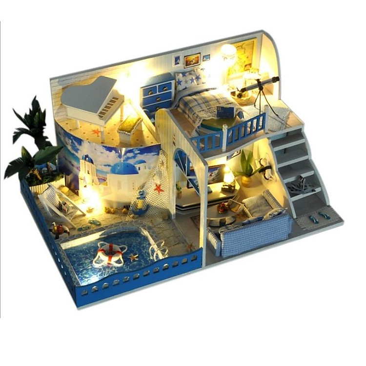 Mô hình nhà búp bê DIY biệt thự biển Địa Trung Hải 2 tầng có bể bơi