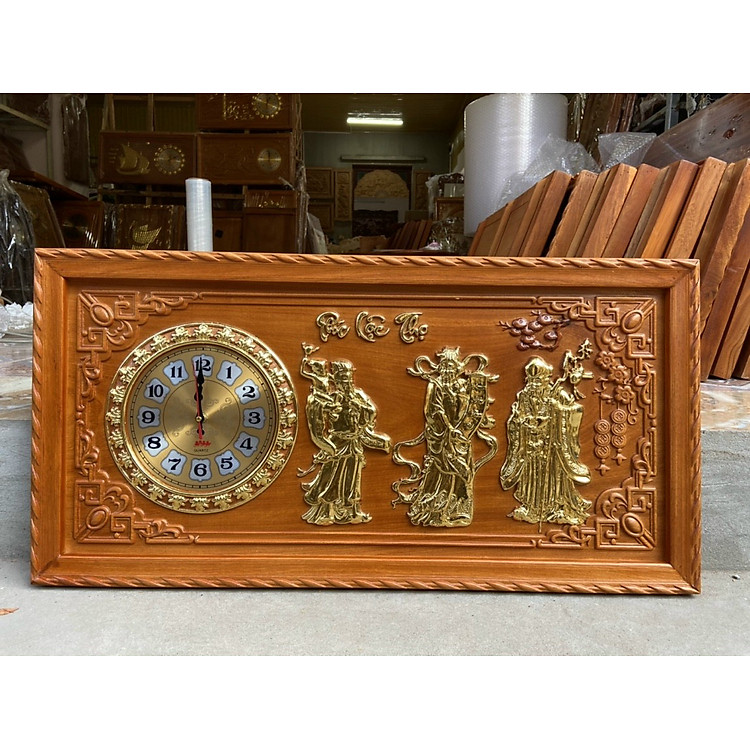 Tranh đồng hồ treo tường trạm khắc phúc lộc thọ bằng gỗ gõ đỏ kt 41×81×4cm