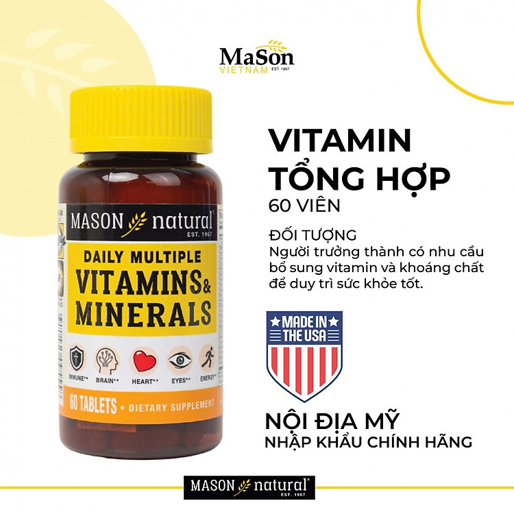 Viên uống Bổ sung vitamin tổng hợp cho cơ thể Mason Natural Daily Multiple Vitamins With Minerals – lọ 60 viên
