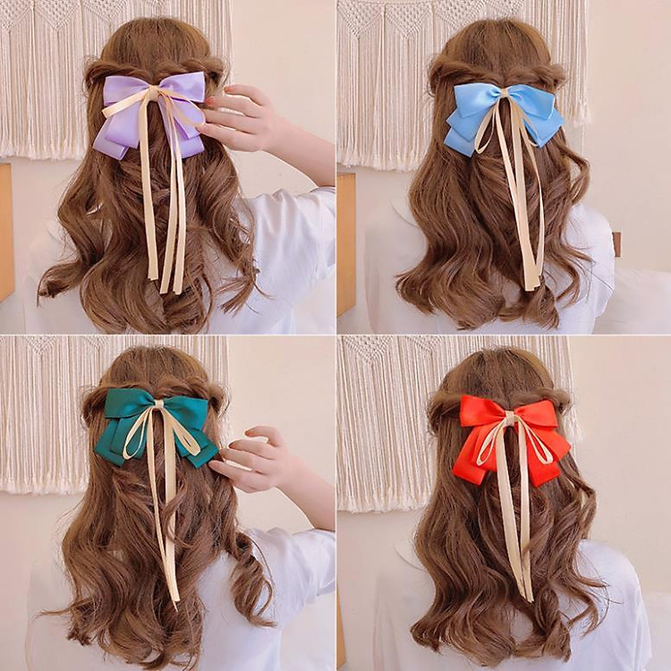Kẹp tóc thắt nơ trang trí dây ruy băng dài phong cách Hàn Quốc xinh xắn cho nữ