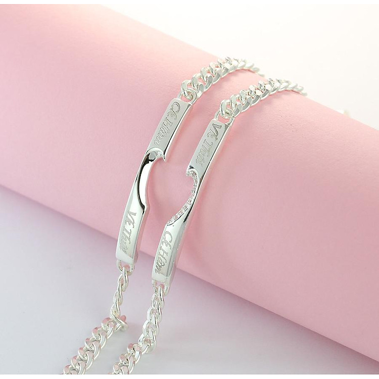 Lắc tay đôi bạc, lắc tay cặp bạc hình trái tim ghép đính đá tinh tế LTD0005