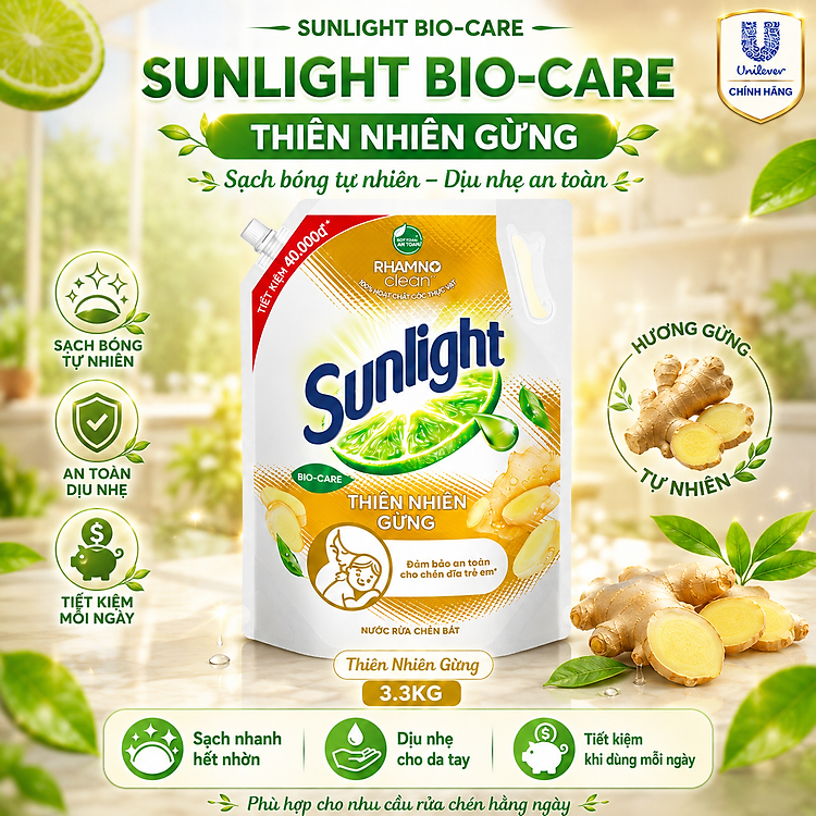 Nước Rửa Chén Sunlight Bio-Care Thiên Nhiên Gừng, Sạch Dầu Mỡ Dịu Nhẹ Cho Da Tay, Túi/Chai Dung Tích Lớn 3.3kg/3.6kg