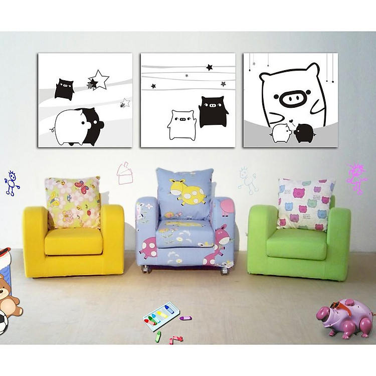 Tranh Nghệ Thuật - Tranh Canvas Treo Tường Trắng Đen Heo Boo (Bộ 3 tấm)