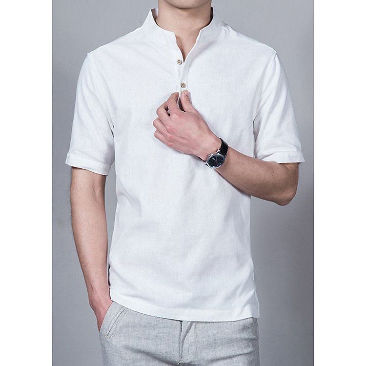 Áo Sơ Mi Nam Cổ Trụ Chất Thô Đũi ACT04 + Tặng Kèm 1 Ví Da Nam