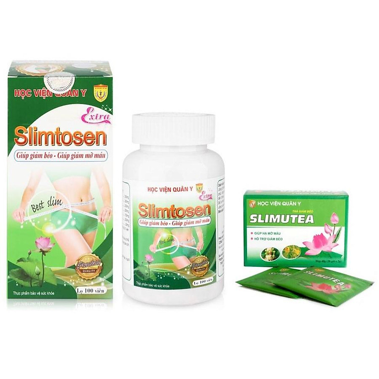 Combo 1 Thực phẩm chức năng hỗ trợ giảm cân tan mỡ Slimtosen Extra (100 Viên) + 1 Trà giảm béo lá sen Slimutea Học viện quân y