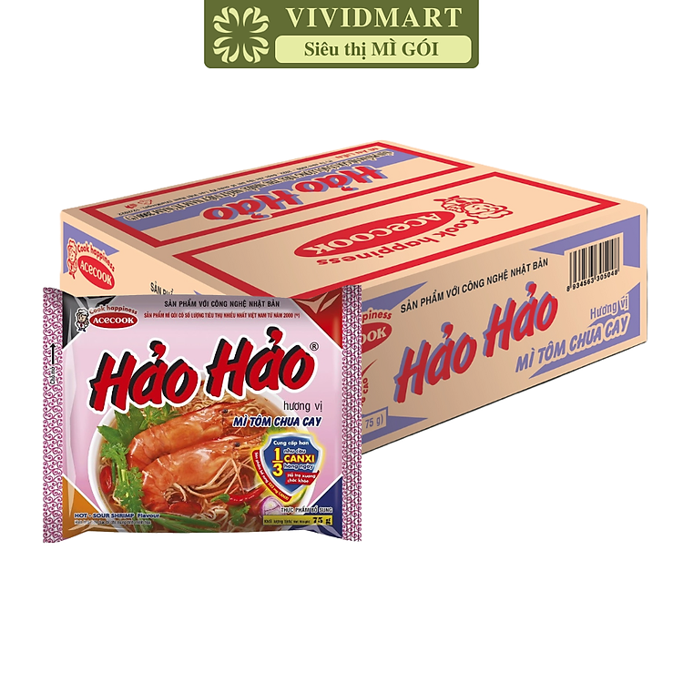 ACECOOK - Hảo Hảo hương vị Tôm Chua Cay, Mì ăn liền Hảo Hảo Tôm Chua Cay, Mì gói Hảo Hảo Tôm Chua Cay (75g/gói)