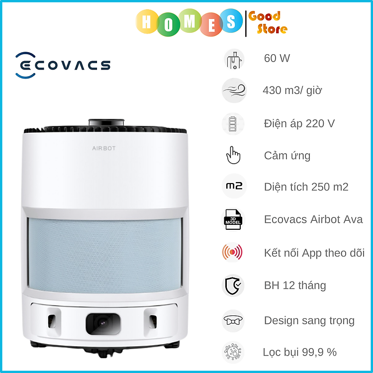 Robot Lọc Không Khí Ecovacs Airbot Andy Pro Kết Nối App Diệt Khuẩn UV - Hàng Chính Hãng