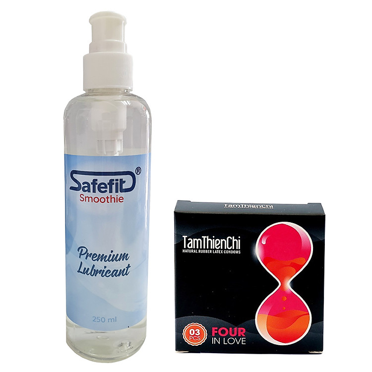 Gel bôi trơn gốc nước tiệt trùng Safefit chai 250ml tặng Bao cao su gân bi hỗ trợ trị xuất tinh sớm Tâm Thiện Chí Four In Love hộp 3 cái