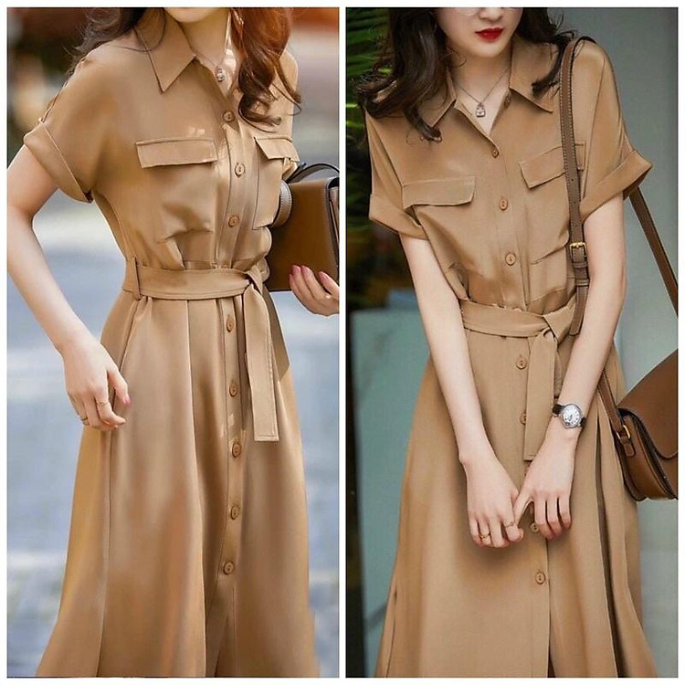 Đầm váy sơ mi kem túi hộp (kèm hình thật)