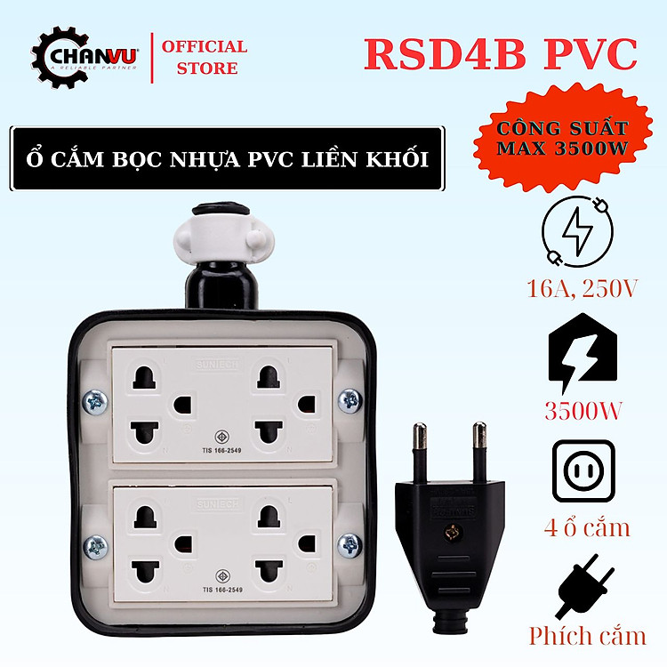 Ổ cắm điện không dây bọc nhựa PVC liền khối SUNTECH, 4 ổ cắm, Công suất 3600W, nhập khẩu Thái Lan