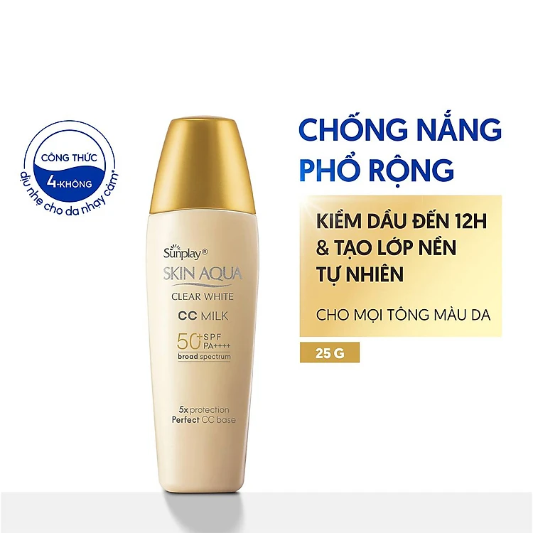 Kem chống nắng Skin Aqua trang điểm tạo nền trắng mịn & đều màu dạng sữa Sunplay Skin Clear White CC Milk SPF 50, PA++++ 25g