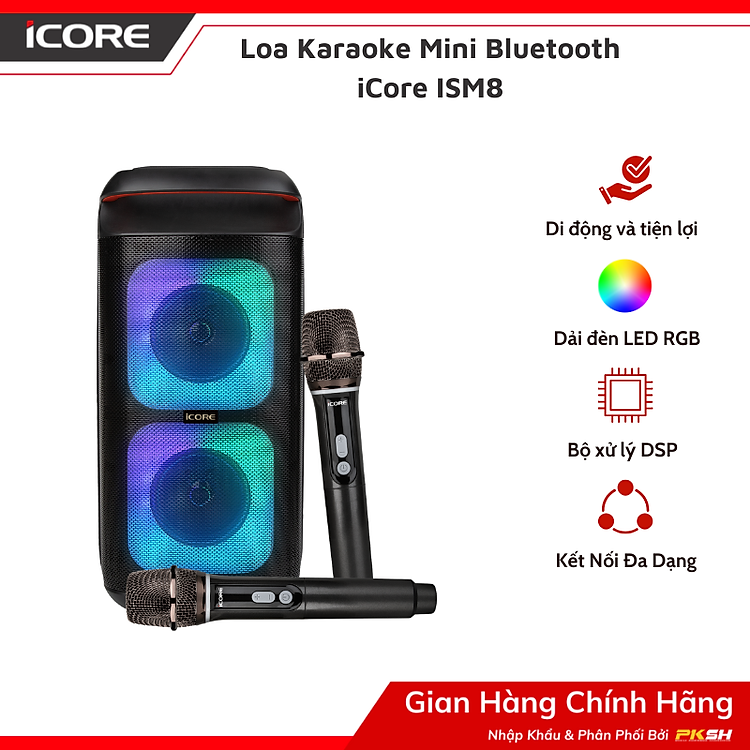 Bộ Loa Karaoke iCore ISM8 Kèm 2 Micro Bluetooth - Hàng chính hãng