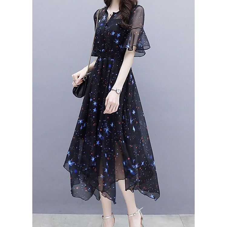Đầm xòe voan họa tiết ngôi sao