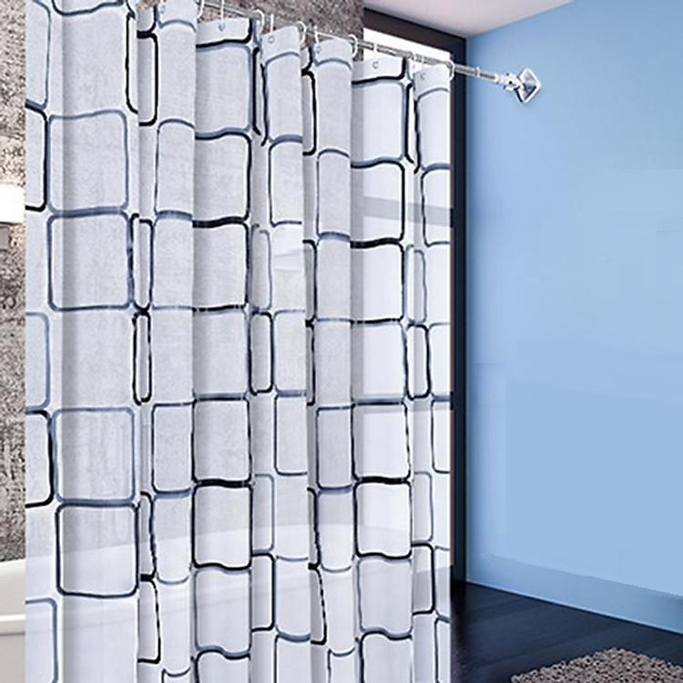 Rèm phòng tắm họa tiết vuông gam màu trắng, kèm theo móc, chống thấm HT718