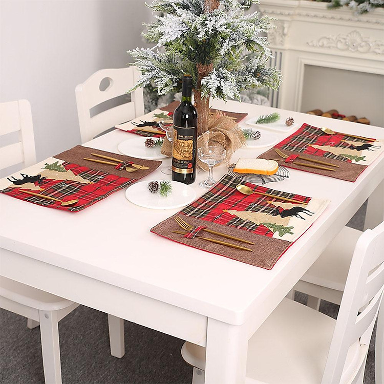 1PC Christmas Elk Tree Pattern Plaid Home Table Placemat Tableware Mat Heat Insulation Pad