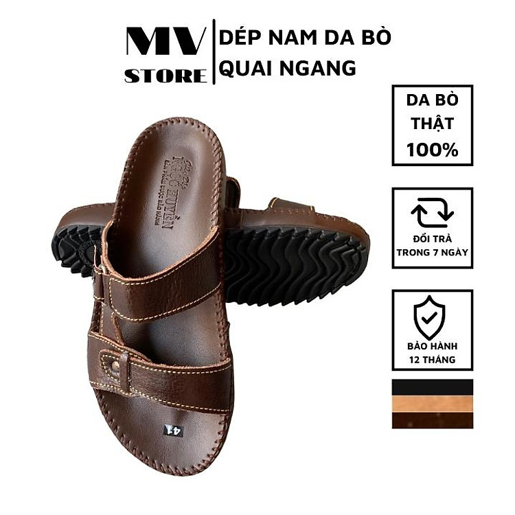 Dép da bò quai ngang, dép nam cao cấp đế cao su đúc DT01